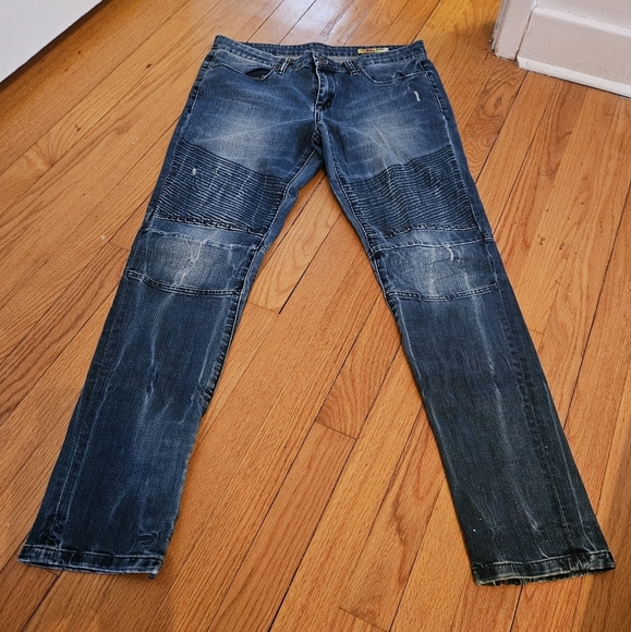 Blank NYC Denim - BLANK NYC Size 30 Distressed Blue Biker Jeans with Patchwork, Zip ankles